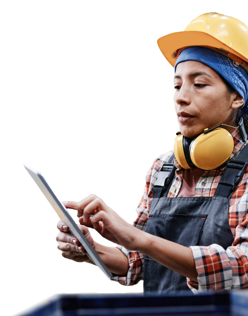 a person wearing a hard hat and headphones